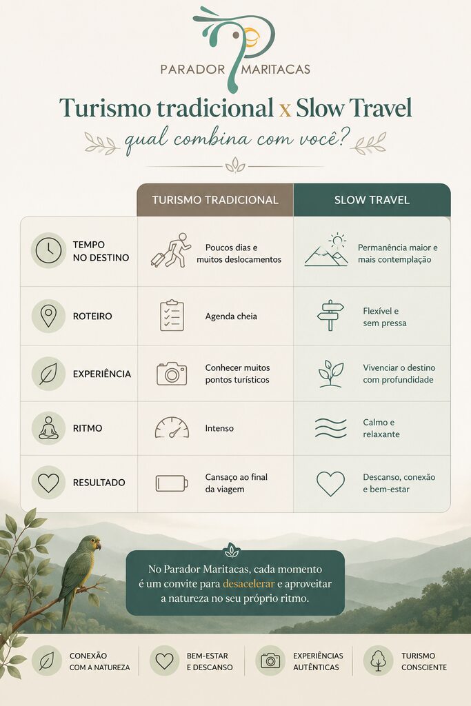 Infográfico comparando turismo tradicional e slow travel, destacando diferenças no ritmo da viagem, experiência, tempo no destino e benefícios de desacelerar no Parador Maritacas.
