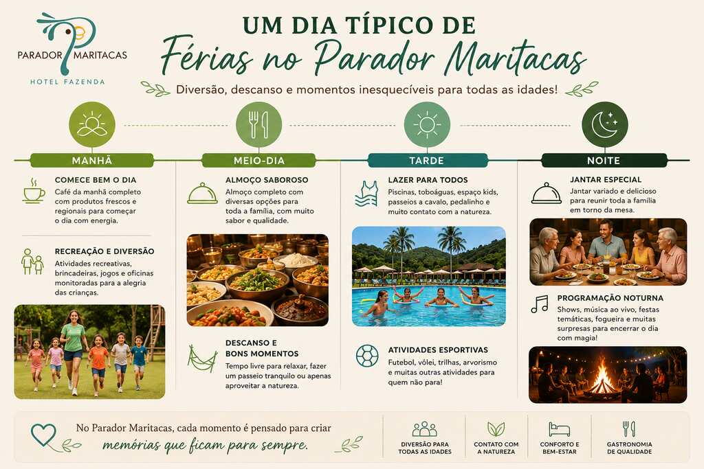 Infográfico mostrando um dia típico de férias no Parador Maritacas, com atividades para toda a família, incluindo recreação, gastronomia, lazer, contato com a natureza e programação noturna.