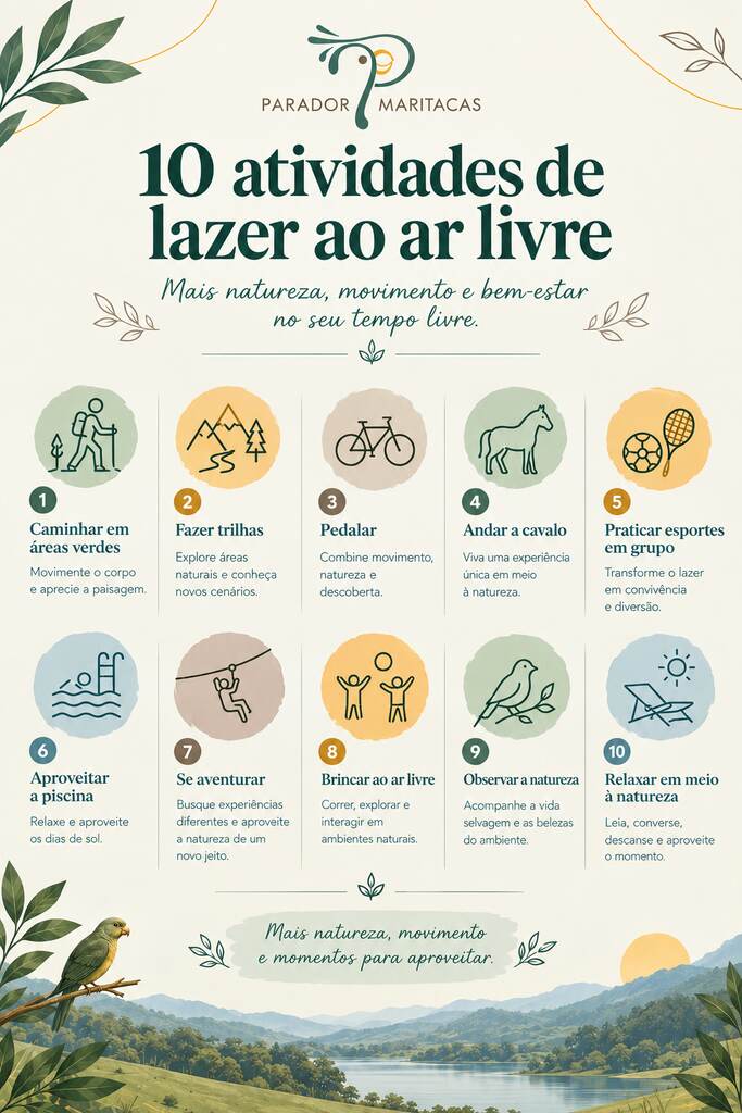 Infográfico com 10 atividades de lazer ao ar livre, como trilhas, pedaladas, esportes e contato com a natureza.