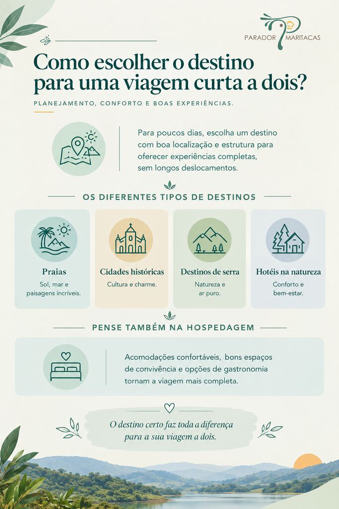 Infográfico mostra como escolher o destino, hospedagem e experiências para uma viagem a dois.
