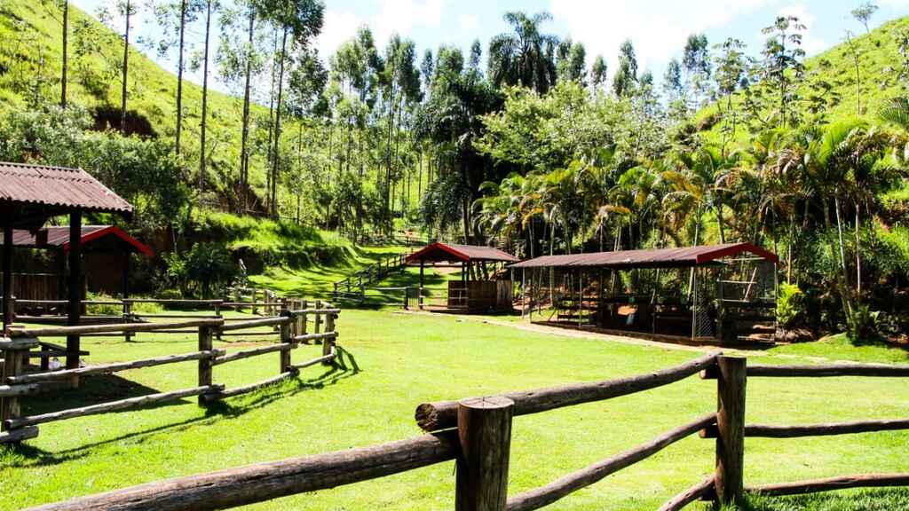 Um fim de semana no campo em meio à natureza, com áreas verdes, cercas de madeira e espaços de lazer.